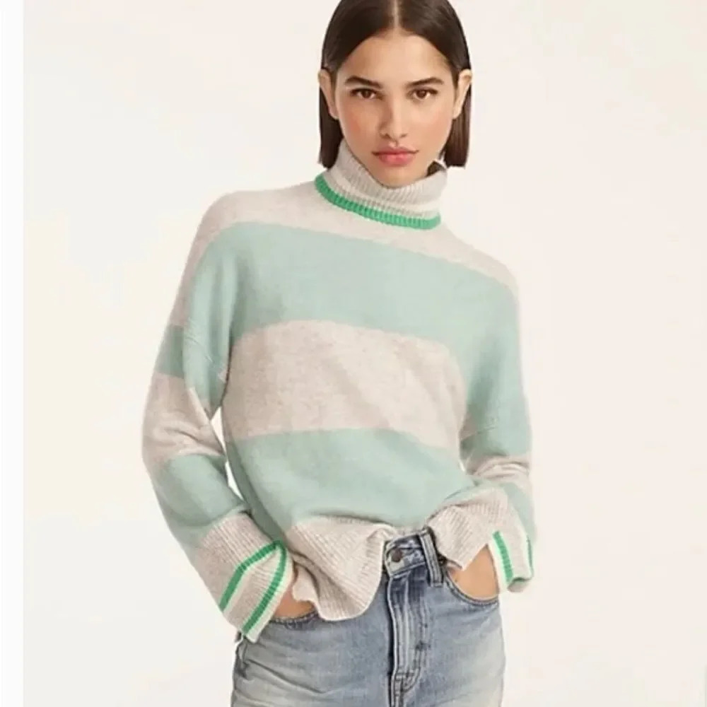 NWT J. Crew Striped Turtleneck Sweater Supersoft Yarn Gray/Blue